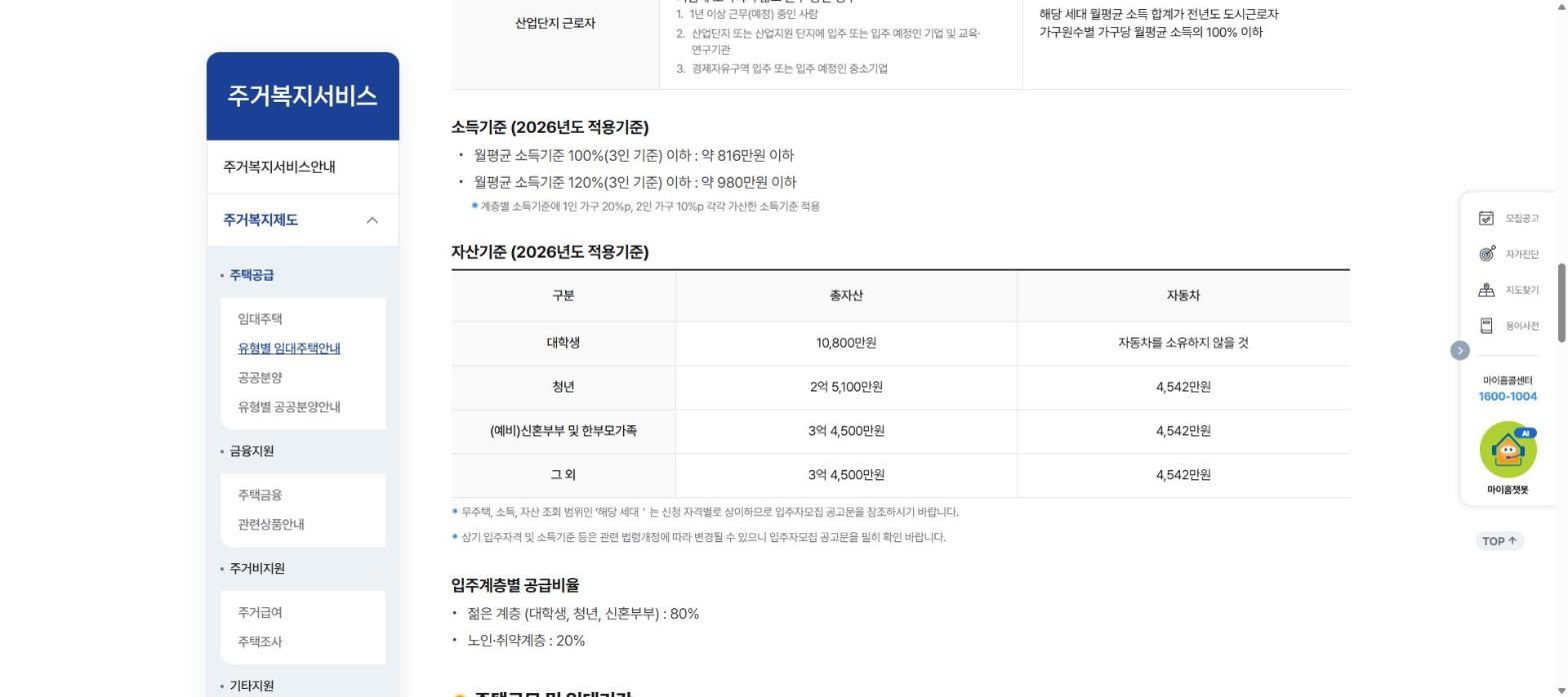마이홈포털 행복주택 소득·자산기준 캡처