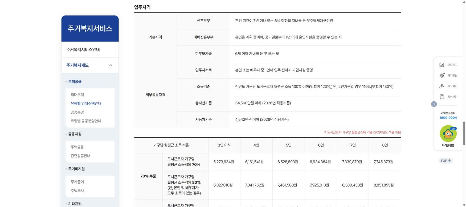 마이홈포털 신혼희망타운 임대형 입주자격 캡처
