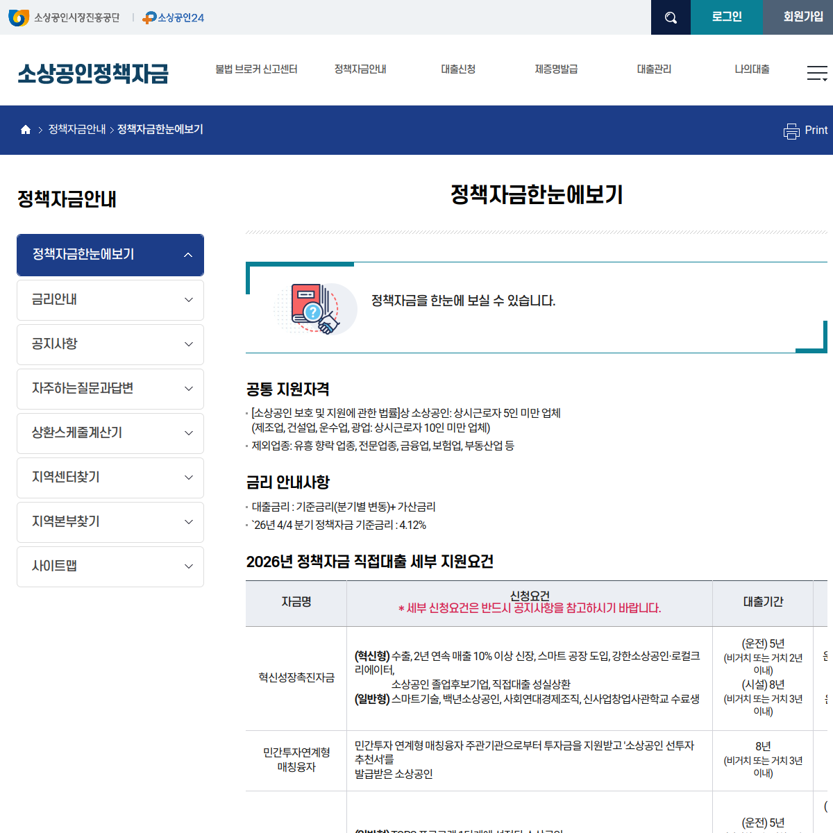 소상공인정책자금 한눈에 보기 화면